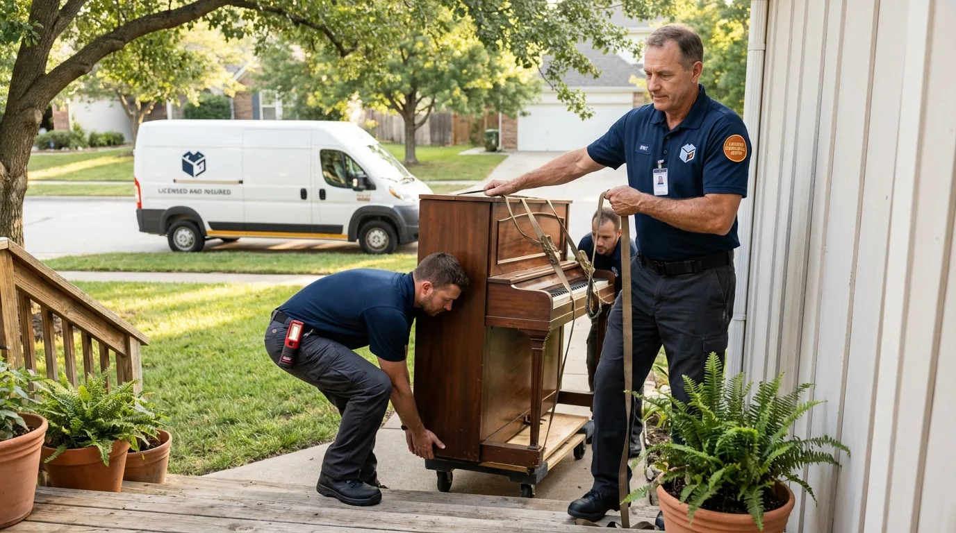 Licensed piano movers securing grand piano in Reinholds, PA