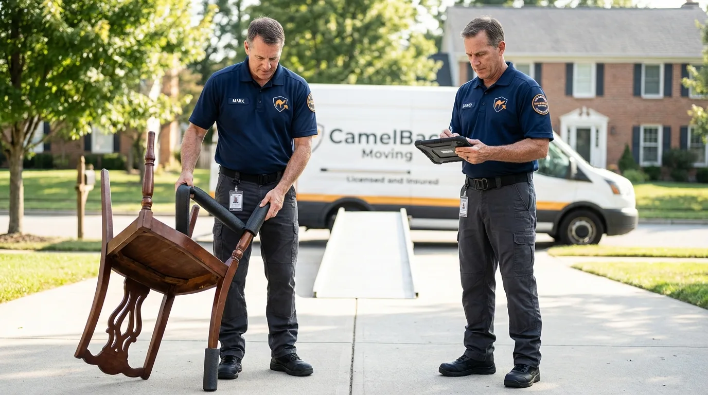 Movers inspecting furniture for damage prevention before loading in Reinholds, PA