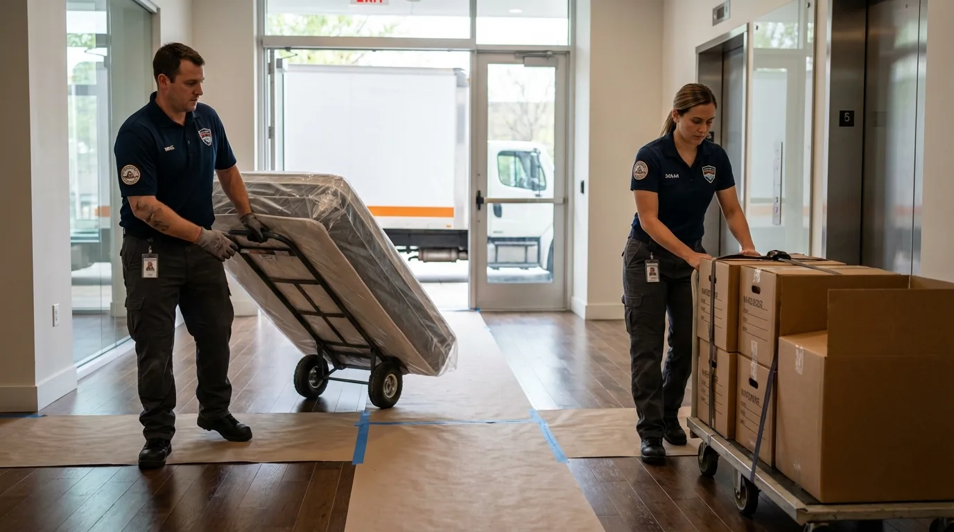 Professional apartment movers loading elevator in Reinholds, PA