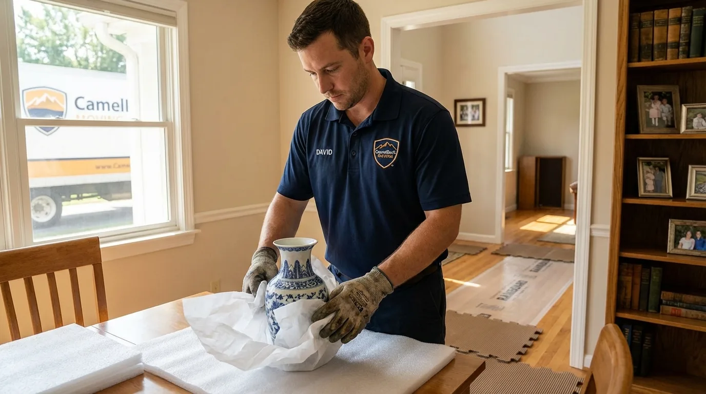 Professional crew carefully wrapping antique vase for senior downsizing move in Reinholds, PA
